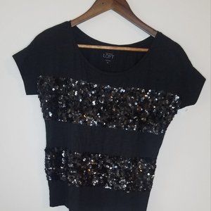 Ann Taylor LOFT Casual Sequin Black Top